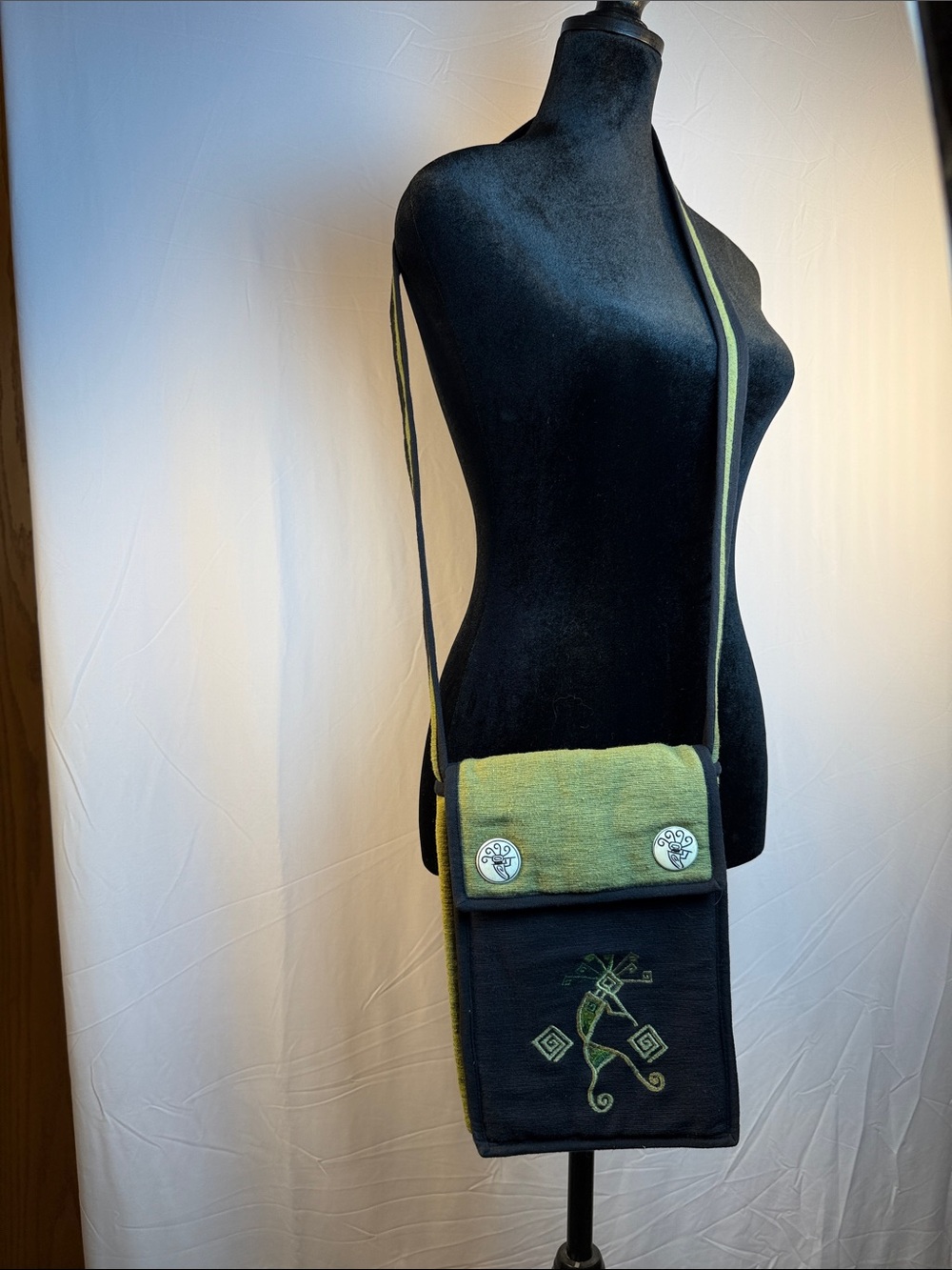Artist Designed Embroidered Green and Black Crossbody Bag with Adjustable Strap